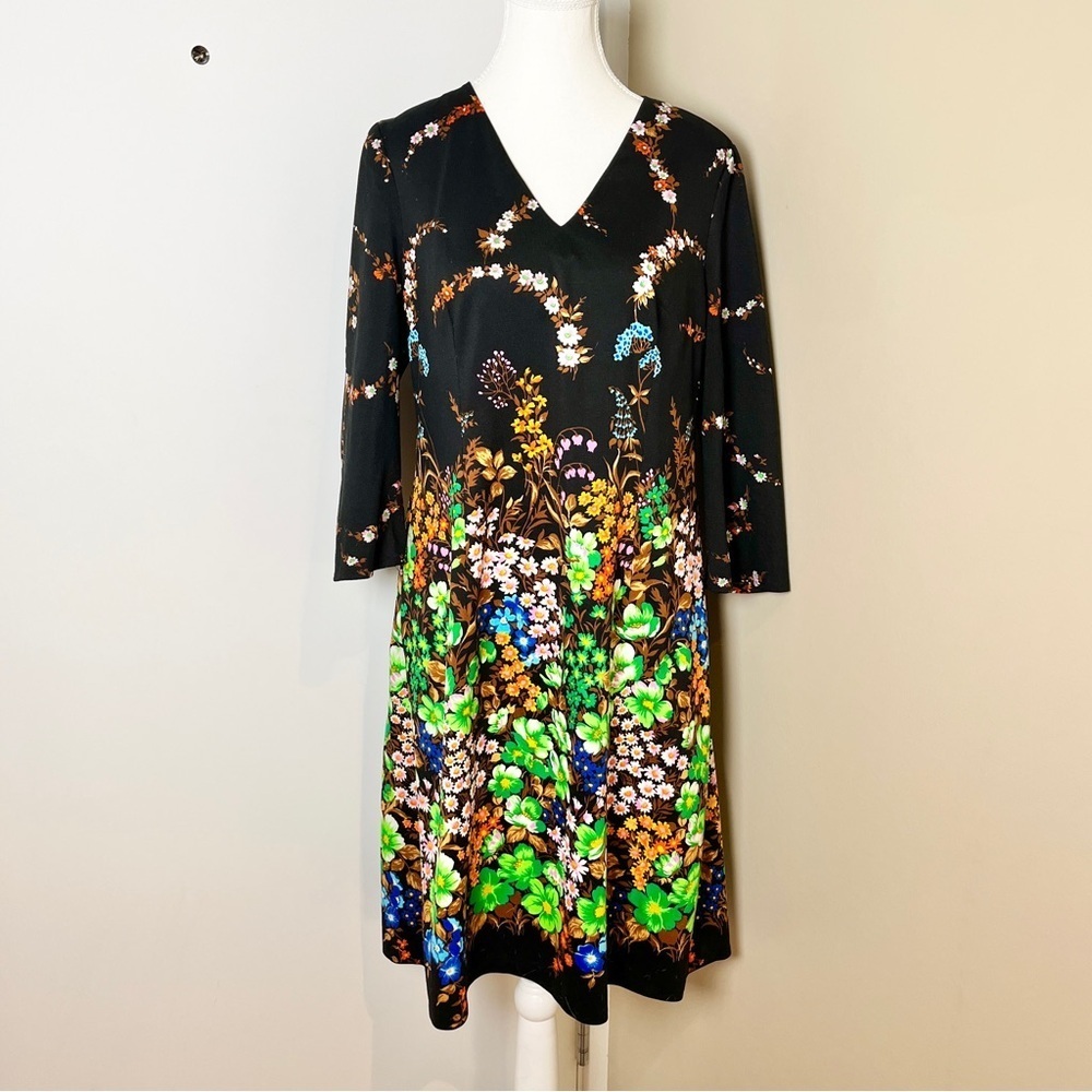 Vintage 70s Handmade Floral Fit & Flare Dress Boho Mod M/L 3/4 Sleeve Rare